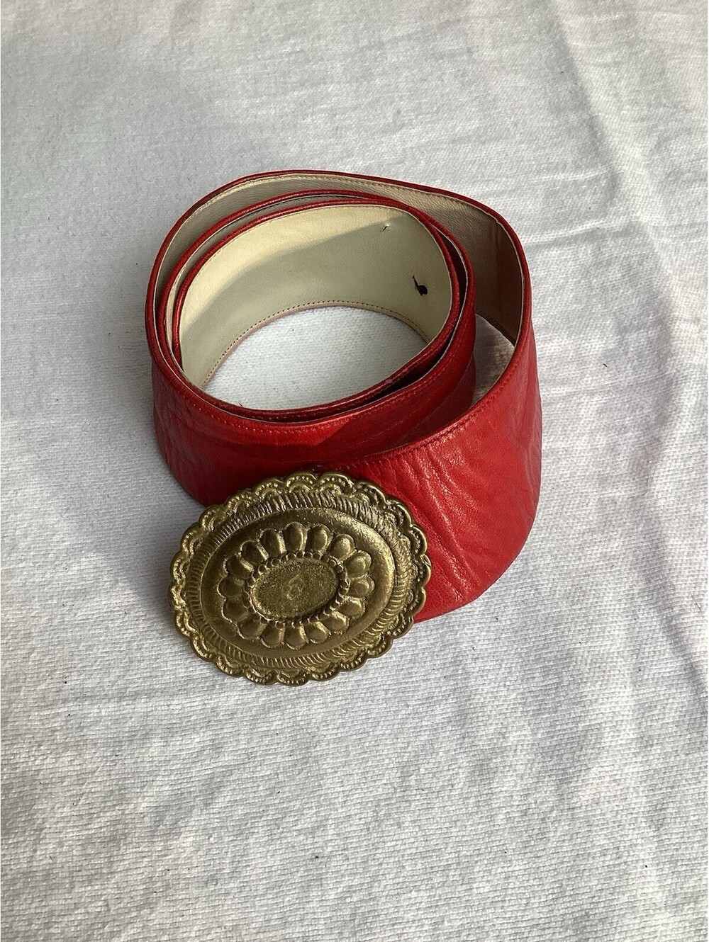Vintage Red Women's Small Soft Leather Belt with Gold Medallion Accent, Red